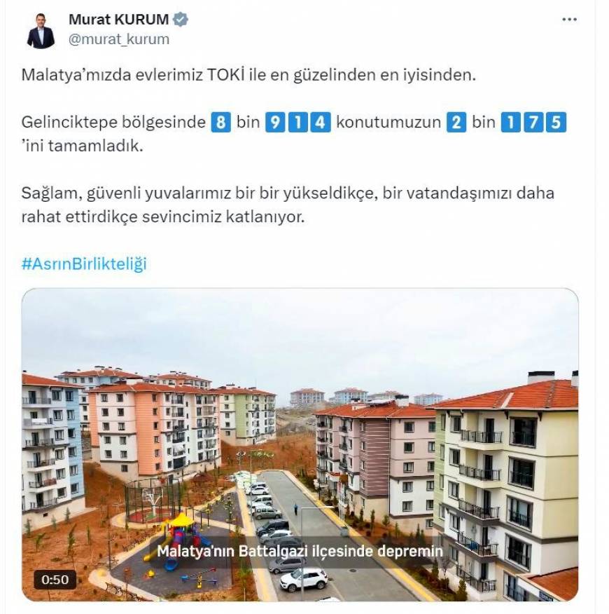 Bakan Kurum: Malatya Gelinciktepe'de 2 bin 175 konutun inşasını tamamladık