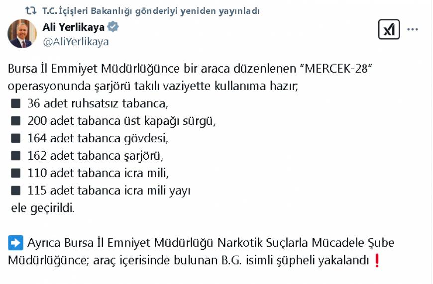 Bursa'da 36 ruhsatsız tabanca ele geçirildi; 1 gözaltı