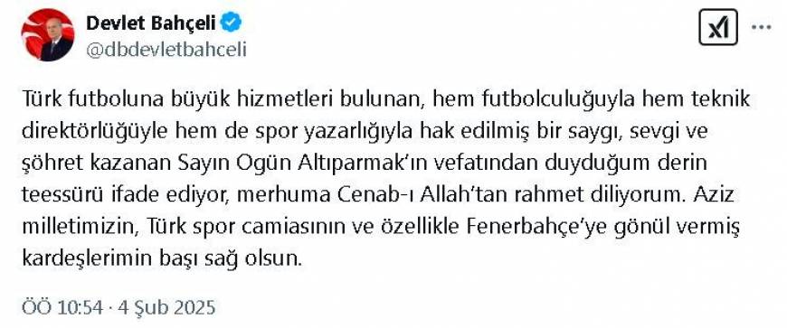 Bahçeli'den, Ogün Altıparmak için başsağlığı mesajı