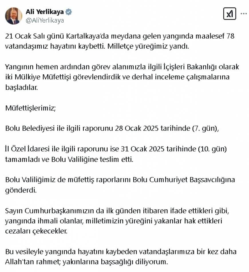 Kartalkaya'daki otel yangınının müfettiş raporları, Bolu Cumhuriyet Başsavcılığı'na teslim edildi