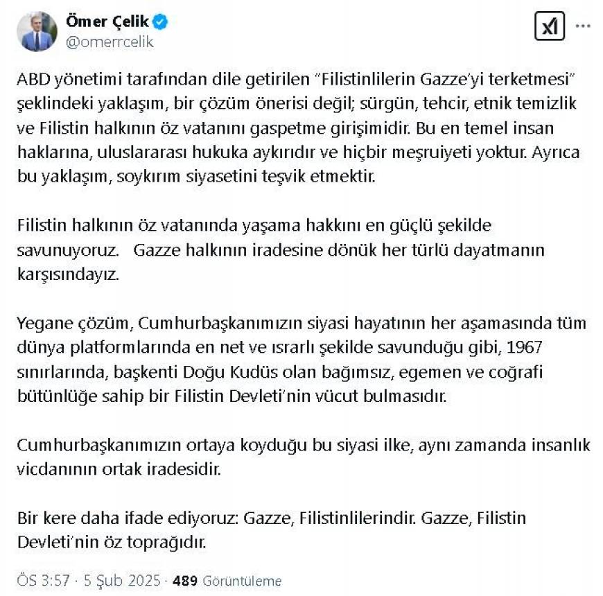 AK Parti'li Çelik: ABD'nin yaklaşımı, Filistinlilerin öz vatanını gasbetme girişimidir